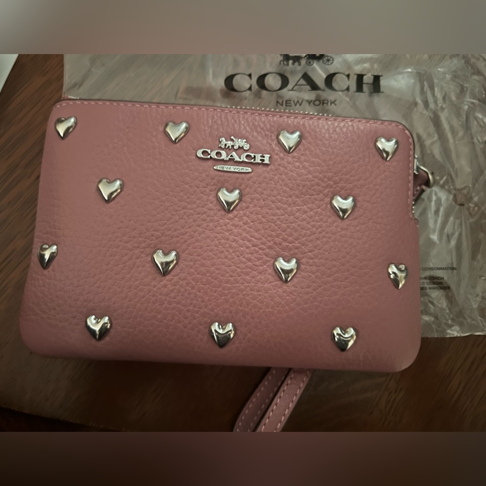 Coach Pink Wristlet with Silver Heart Accents